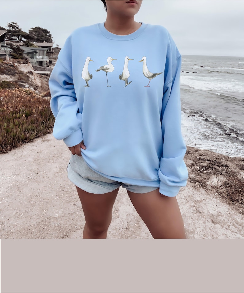 May include: A light blue sweatshirt featuring a whimsical illustration of four seagulls in various poses. The birds are depicted in shades of gray, white, and brown, with thin black legs and beaks. The sweatshirt is a soft, comfortable material.