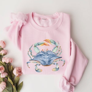 Watercolor shirt, Beach Vacay Shirt, Blue Crab Sweatshirt, Watercolor Sea shirt, Beach Lover Shirt, Seaside shirt, Ocean animal lover,Crabs Light Pink