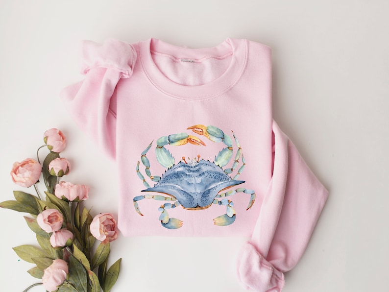 Watercolor shirt, Beach Vacay Shirt, Blue Crab Sweatshirt, Watercolor Sea shirt, Beach Lover Shirt, Seaside shirt, Ocean animal lover,Crabs Light Pink