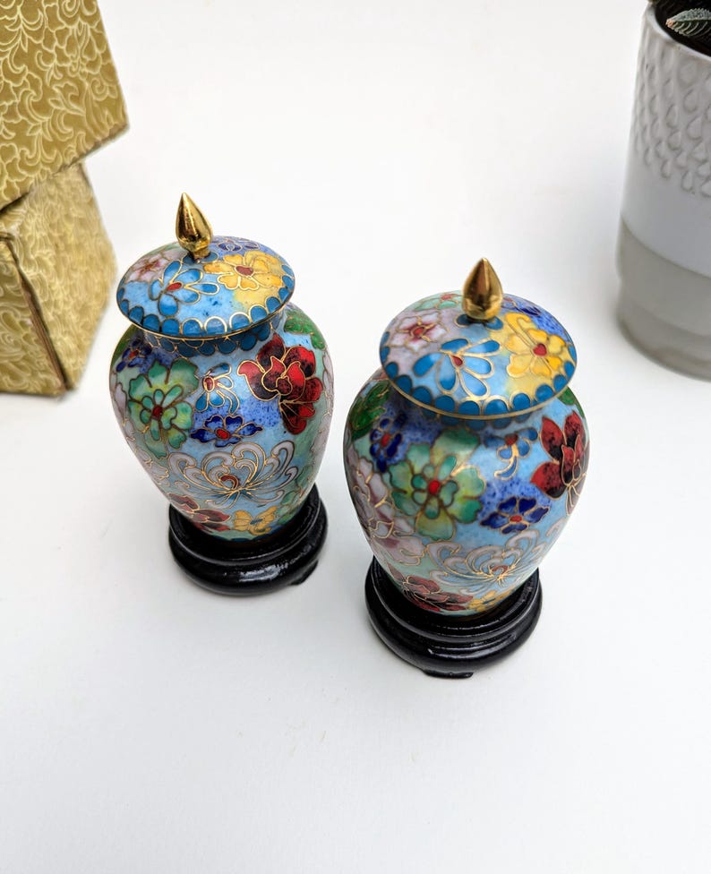 Pair of Small, Vintage, Cloisonne, Enameled Vases With Original Storage