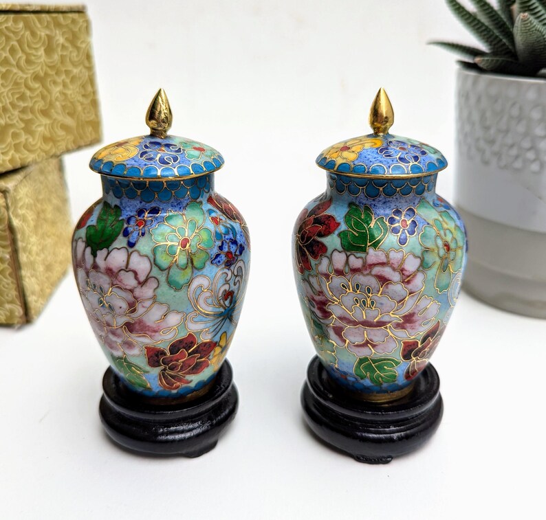 Pair of Small, Vintage, Cloisonne, Enameled Vases With Original Storage