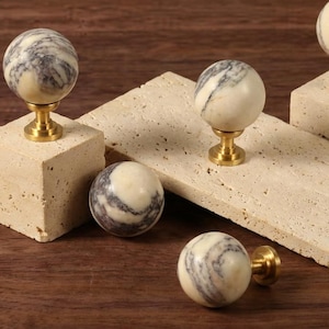 Knopp i Calacatta Viola marmor, modern lyxig skåpbeslag, sfärisk lådhandtag i massiv sten