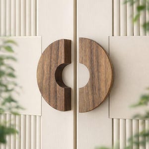 May include: Close-up of a pair of wooden cabinet door handles. Each handle is a half-circle with a circular cutout, showcasing a rich, dark wood grain. The handles are mounted on a cream-colored cabinet door with vertical and square paneling.