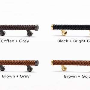 May include: Four cabinet pulls with braided leather handles in various color combinations: coffee and grey, black and bright gold, brown and grey, and brown and gold. Each pull has a cylindrical handle and curved supports.