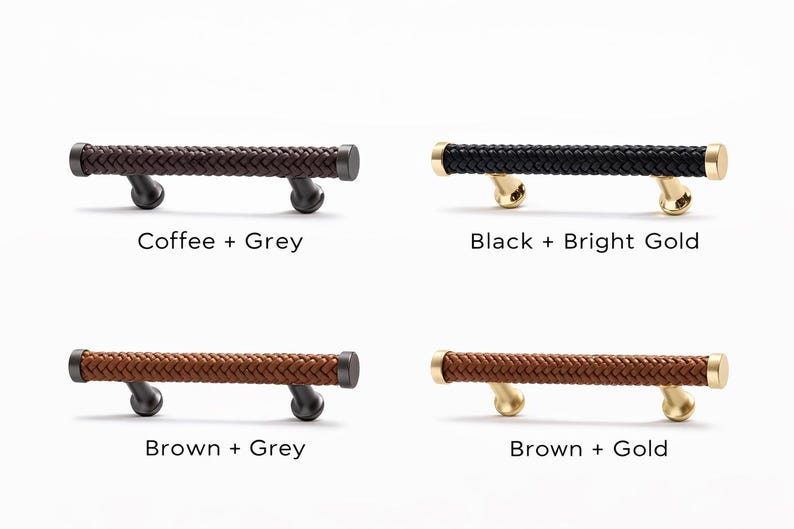 May include: Four cabinet pulls with braided leather handles in various color combinations: coffee and grey, black and bright gold, brown and grey, and brown and gold. Each pull has a cylindrical handle and curved supports.
