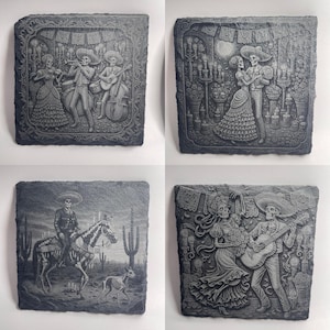 May include: Four square, gray slate tiles with Day of the Dead themed designs. Each tile features detailed relief carvings of skeletons in various scenes: a band, a couple dancing, a rider on horseback, and a couple with a guitar.