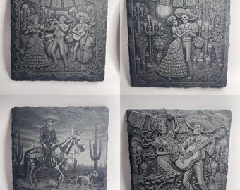 Engraved Día de los Muertos Slate Coasters, Set of 4 Sugar Skull Drink Coasters, Day of the Dead Home Decor, Ofrenda Gift, Rustic Barware