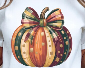 Colorful Coquette Pumpkin Png, Girly Fall Pumpkin Design, Fall Pumpkin Coquette Bow Png, Plaid Bow Fall, brushstroke, digital download