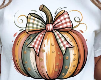 Colorful Coquette Pumpkin Png, Girly Fall Pumpkin Design, Fall Pumpkin Coquette Bow Png, Gingham Bow Fall, brushstroke, digital download