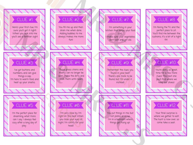 Pode incluir: Conjunto de doze cart&otilde;es de pistas com fundo listrado rosa e azul e borda branca. Cada cart&atilde;o tem um n&uacute;mero de pista e um enigma. As pistas s&atilde;o escritas em uma fonte l&uacute;dica, perfeitas para uma ca&ccedil;a ao tesouro ou jogo.