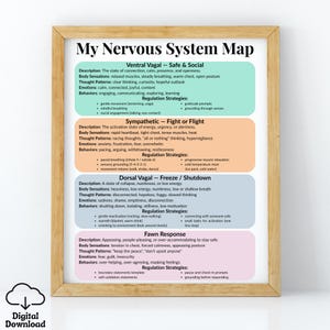 Könnte beinhalten: Ein gerahmter Druck mit dem Titel "My Nervous System Map", der die Reaktionen des Nervensystems detailliert darstellt: Ventral Vagal, Sympathisch, Dorsal Vagal und Fawn Response. Der Druck enthält Beschreibungen, Körperempfindungen, Denkmuster, Emotionen, Verhaltensweisen und Regulierungsstrategien.