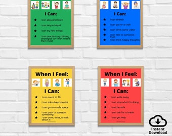 May include: Four colorful posters with illustrations of children and text that reads "When I Feel: I Can:"  Each poster has a different color and lists coping skills for managing emotions.  The posters are titled "When I Feel: I Can:" and include phrases like "I can play and learn", "I can go for a walk", "I can count to 20", and "I can walk away".