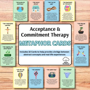 Carte metaforiche per la terapia di accettazione e impegno, terapista ACT, supporto per l'ansia, defusione, flessibilità psicologica, mente cognitiva