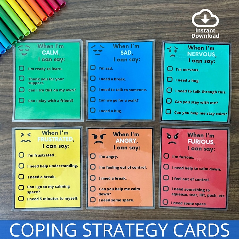 Coping Strategy Cards, Words for My Feelings, Self Regulation Verbal ...