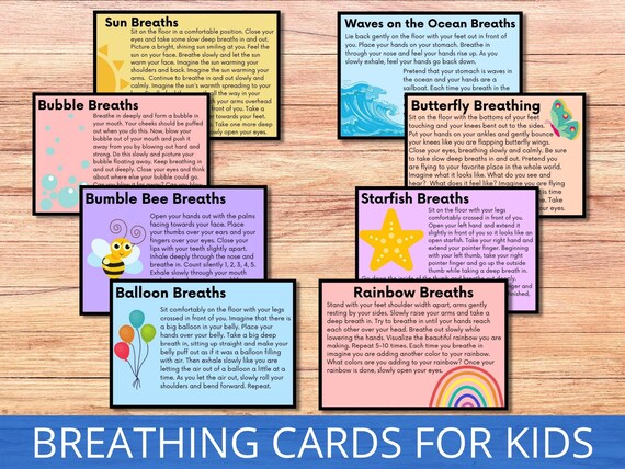 Breathing Cards for Kids, Deep Breathing Exercises, Mindfulness Cards, Printable Self-Regulation Exercises, Calming Corner Activities