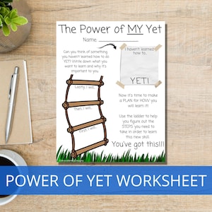 Power of Yet Worksheet, Growth Mindset, Challenging Negative Thinking, Teacher Printable, School Counselor Resource, Therapy Worksheet