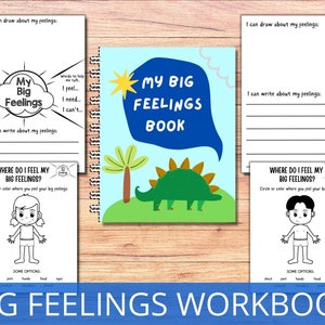 May include: A workbook titled "My Big Feelings Book" with a green dinosaur on the cover. The workbook includes activities for children to learn about and express their feelings.