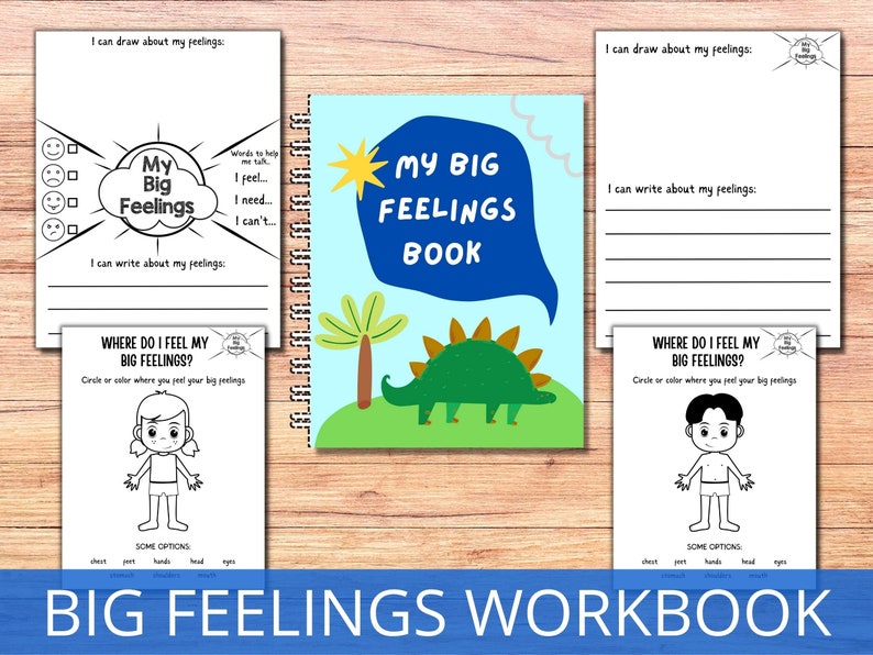 May include: A workbook titled "My Big Feelings Book" with a green dinosaur on the cover. The workbook includes activities for children to learn about and express their feelings.