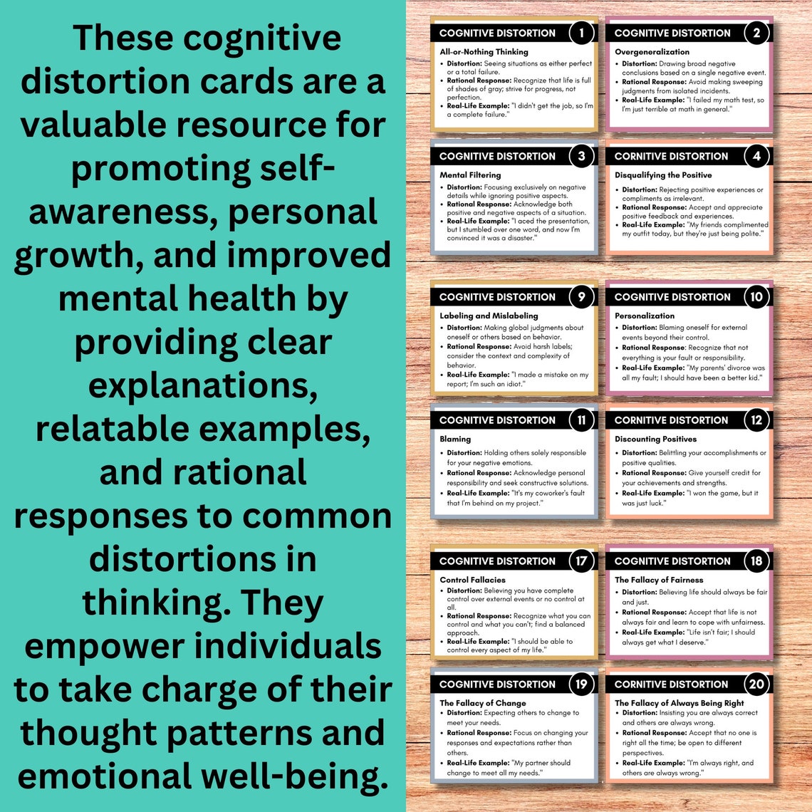 Cognitive Distortion Flash Cards, CBT Cards, Unhelpful Thinking ...