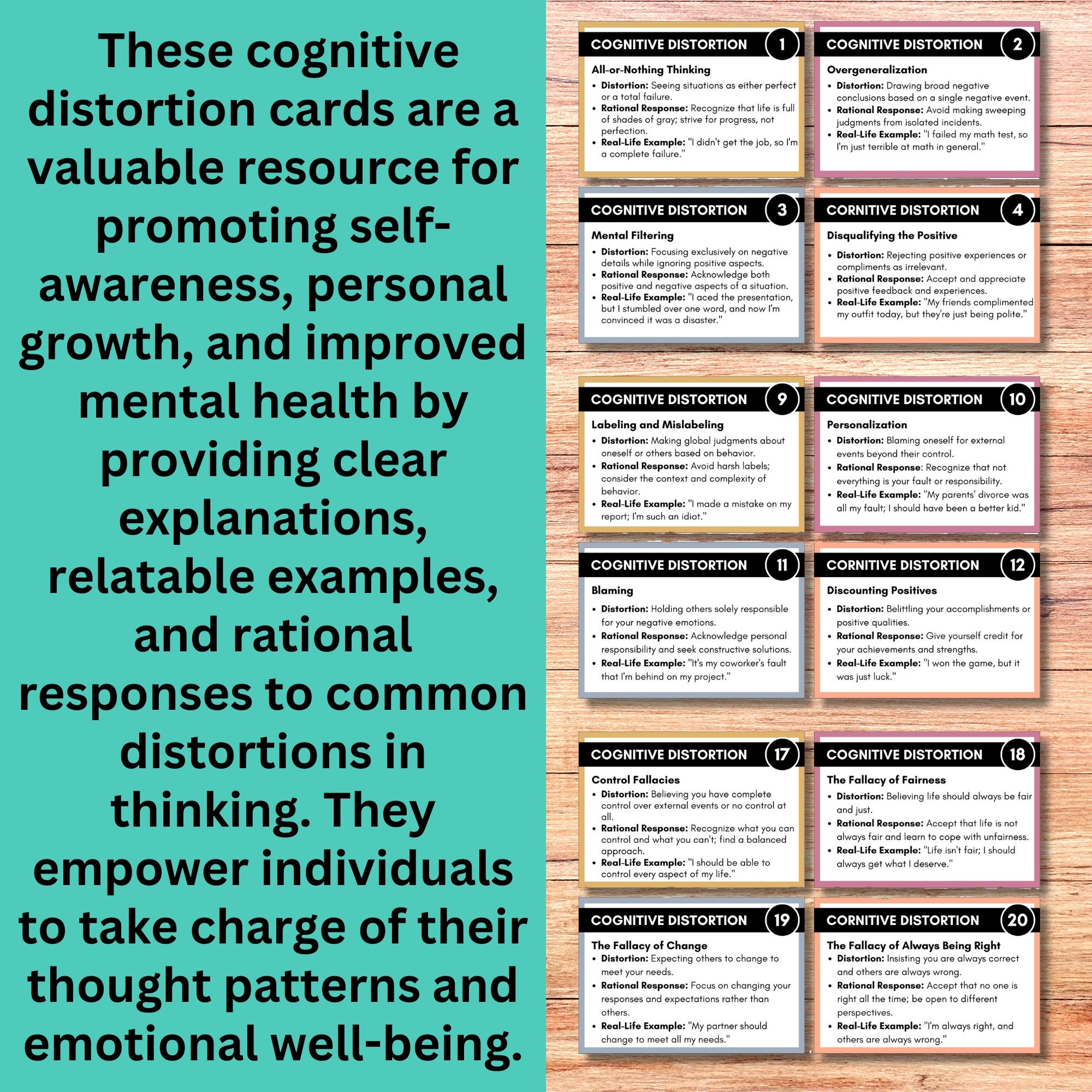 Cognitive Distortion Flash Cards, CBT Cards, Unhelpful Thinking ...