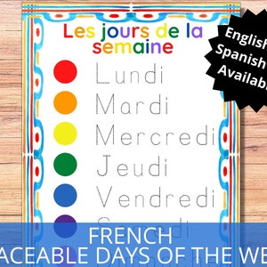 FRENCH Days of the Week printable, Tracing the days of the week, basic French, Montessori calendar practice, preschool worksheet, homeschool