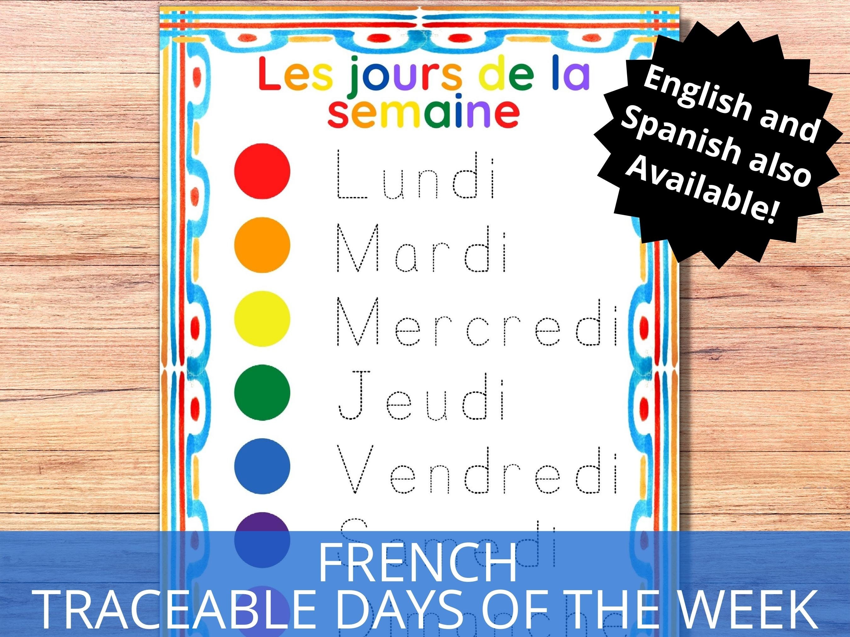 FRENCH Days of the Week Printable Tracing the Days of the Etsy
