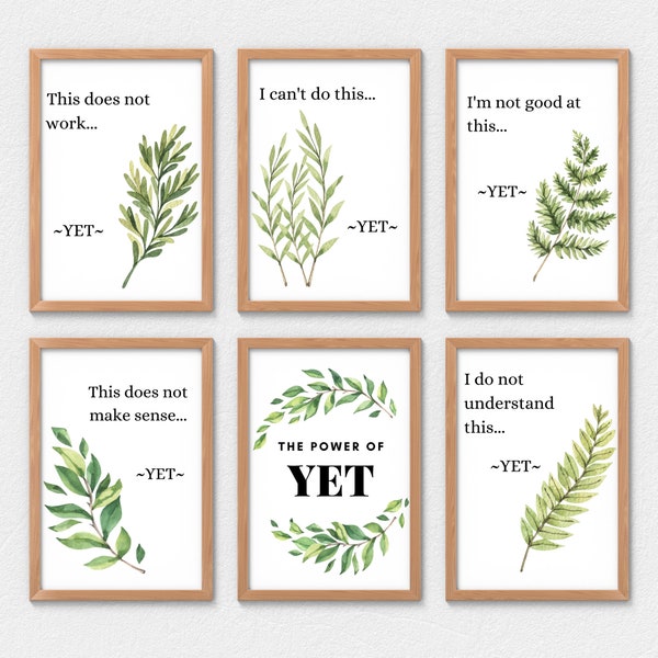 Growth Mindset POWER of YET Poster Set, Botanical Motivational Art, Classroom Decor, Therapist Office, School Office Prints, Counselor Art