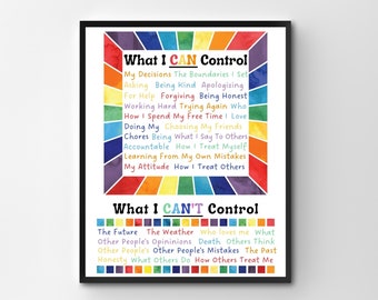 May include: A colorful printable poster with the text "What I CAN Control" and "What I CAN'T Control". The poster lists things that are within a person's control, such as their decisions, attitude, and actions, and things that are outside of their control, such as the weather, other people's opinions, and the past.