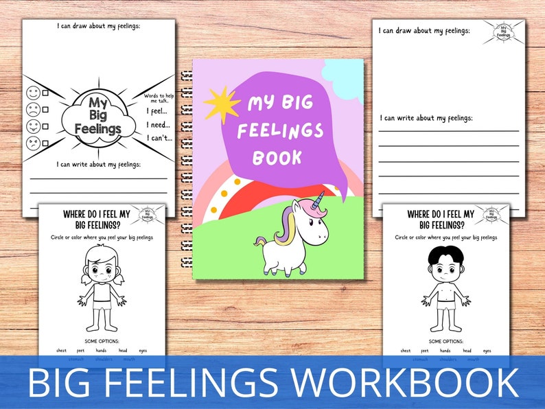 May include: A workbook for children to learn about big feelings. The cover features a colorful rainbow, a unicorn, and the title "My Big Feelings Book". The pages include activities like drawing, writing, and coloring.