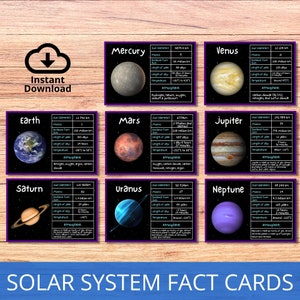 Tarjetas de datos del sistema solar, Planetas imprimibles, Unidad del sistema solar de educación en el hogar, Tarjetas didácticas de planetas, Hojas de trabajo de ciencias, Tarjetas de información de planetas