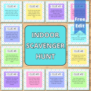 Pode incluir: Um conjunto de doze cart&otilde;es de pistas coloridos para uma ca&ccedil;a ao tesouro em ambientes fechados, com bordas de bolinhas em tons pastel e avisos de texto l&uacute;dicos. O cart&atilde;o central diz "INDOOR SCAVENGER HUNT."