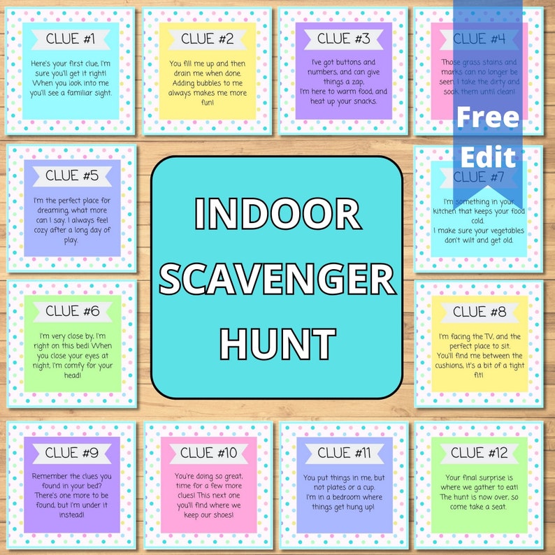 Pode incluir: Um conjunto de doze cart&otilde;es de pistas coloridos para uma ca&ccedil;a ao tesouro em ambientes fechados, com bordas de bolinhas em tons pastel e avisos de texto l&uacute;dicos. O cart&atilde;o central diz "INDOOR SCAVENGER HUNT."