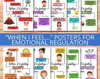 May include: Ten colorful posters with cartoon illustrations of children and tips for emotional regulation. Each poster features a different emotion, such as angry, nervous, calm, excited, happy, scared, red, confused, and includes coping strategies for each emotion. The posters are titled "When I Feel..." Posters for Emotional Regulation.