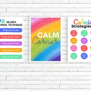Calming Corner Set of 3 Strategy Posters, Feelings Chart, School Counselor, Emotion Regulation Zone, Grounding Strategies, Classroom posters