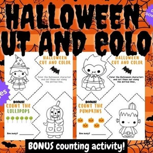 Halloween Ausmalen, Schneiden und Zählen Aktivität, Feinmotorik für Kinder, druckbare Ausmalseiten und Scherenübungen