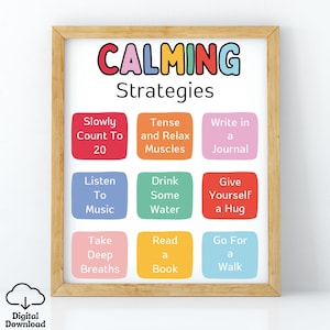 Calming Strategies Poster, Therapy Office Decor Print, ADHD, Emotional Self Regulation, Autism and Anxiety Tool Kit, OT, Mental Health, CBT