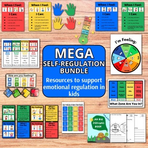 Pode incluir: Um conjunto de recursos educacionais para crian&ccedil;as, incluindo gr&aacute;ficos e guias para a regula&ccedil;&atilde;o emocional. O pacote apresenta visuais coloridos, incluindo uma roda de sentimentos, gr&aacute;ficos de zonas e estrat&eacute;gias de autorregula&ccedil;&atilde;o. O texto diz "MEGA SELF-REGULATION BUNDLE".