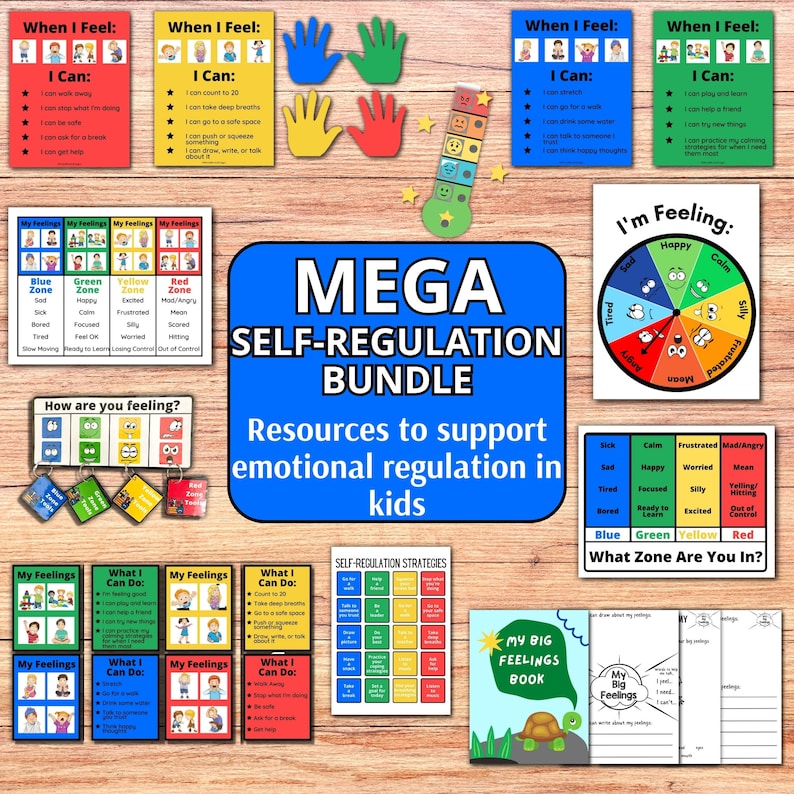 Pode incluir: Um conjunto de recursos educacionais para crian&ccedil;as, incluindo gr&aacute;ficos e guias para a regula&ccedil;&atilde;o emocional. O pacote apresenta visuais coloridos, incluindo uma roda de sentimentos, gr&aacute;ficos de zonas e estrat&eacute;gias de autorregula&ccedil;&atilde;o. O texto diz "MEGA SELF-REGULATION BUNDLE".