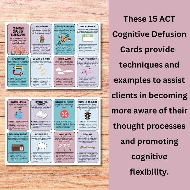 May include: Fifteen colorful cards with illustrations and text. The cards are titled "Cognitive Defusion Flashcards" and feature techniques to help manage thoughts and feelings. The text on the cards includes phrases like "Thank Your Mind", "Externalizing Thoughts", "Labeling Thoughts", "Rapid Repetition", "Defusing with Humor", "Thought Clouds", "Singing Your Thoughts", "Leaves on a Stream", "Narrating Your Thoughts", "Shrinking the Thought", "Traffic Light Thoughts", "Radio Dial of Thoughts", "Thought Bubble", "Thought Auction", and "Tug of War".