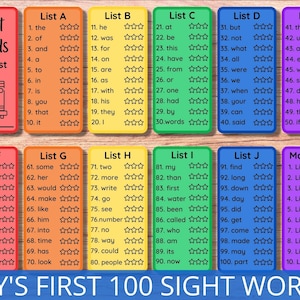 May include: A set of 10 colorful flashcards with black text and stars. Each card lists a set of sight words for learning to read. The cards are labeled with the words "List A" through "List J" and "Mastered". The title of the set is "Fry's First 100 Sight Words".