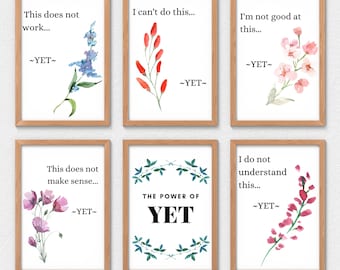 Zestaw plakatów „Power of YET”, wydruk promujący nastawienie na rozwój, sztuka motywacyjna o tematyce botanicznej, plakaty do klasy, wystrój gabinetu terapeuty, sztuka dla doradcy szkolnego