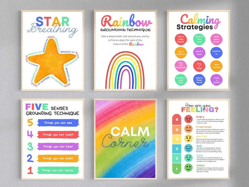 May include: Six colorful posters with calming techniques for children. The posters feature a rainbow, a star, a calm corner, a five senses grounding technique, calming strategies, and a how are you feeling chart.