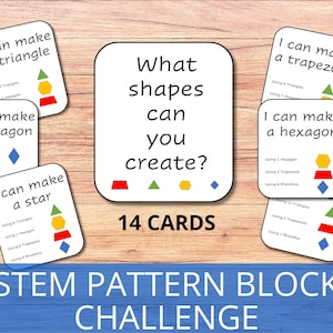 May include: A set of 14 colorful cards with geometric shapes and instructions for creating other shapes using pattern blocks. The cards feature the text "What shapes can you create?" and "14 CARDS".