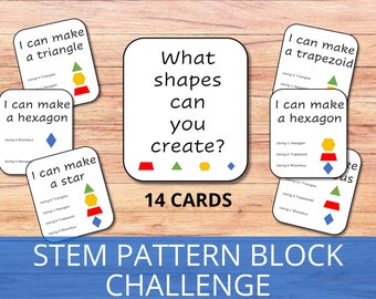 Pattern Blocks Stem Challenge Cards, Tangram Puzzle, 2D shapes resource, STEM activity, Printable Flashcards, 2D shape worksheet