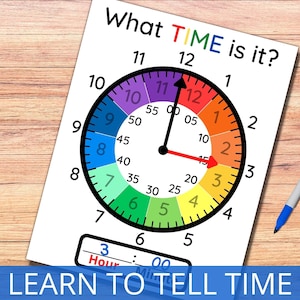 Aprende a decir la hora, reloj imprimible, actividad para la educación en casa, juego de aprendizaje para niños, reloj educativo, habilidades para la vida, juego de carpetas