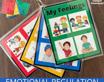 May include: A set of colorful flashcards with illustrations of children expressing different emotions. The cards are labeled "My Feelings" and include phrases like "What I Can Do" and "Reverse". These flashcards are designed to help children learn about and manage their emotions.
