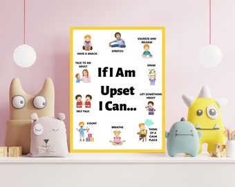 Pode incluir: Um cartaz amarelo com o texto "Se estou chateado, posso..." e ilustrações de crianças fazendo diferentes atividades para ajudar a lidar com os sentimentos. As atividades incluem: comer um lanche, conversar com um adulto, conversar consigo mesmo, contar, respirar, esticar, apertar e soltar, desenhar, levantar algo pesado e pensar em um lugar calmo.