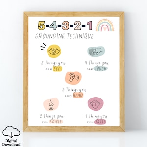 Grounding Technique Poster, 54321 Coping Skills for Anxiety, Calming Corner Tool, Emotional Regulation, School Counselor, SEL, CBT Therapist