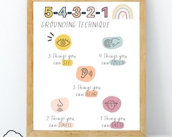 Grounding Technique Poster, 54321 Coping Skills for Anxiety, Calming Corner Tool, Emotional Regulation, School Counselor, SEL, CBT Therapist