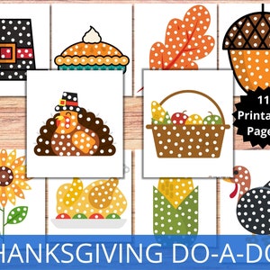 May include: A set of 11 printable Thanksgiving-themed dot-to-dot activity pages. The pages feature images of a pilgrim hat, a pumpkin pie, a cornucopia, a turkey, a sunflower, a basket of fruit, a corn cob, and an acorn. The text "11 Printable Pages" is included in the image.